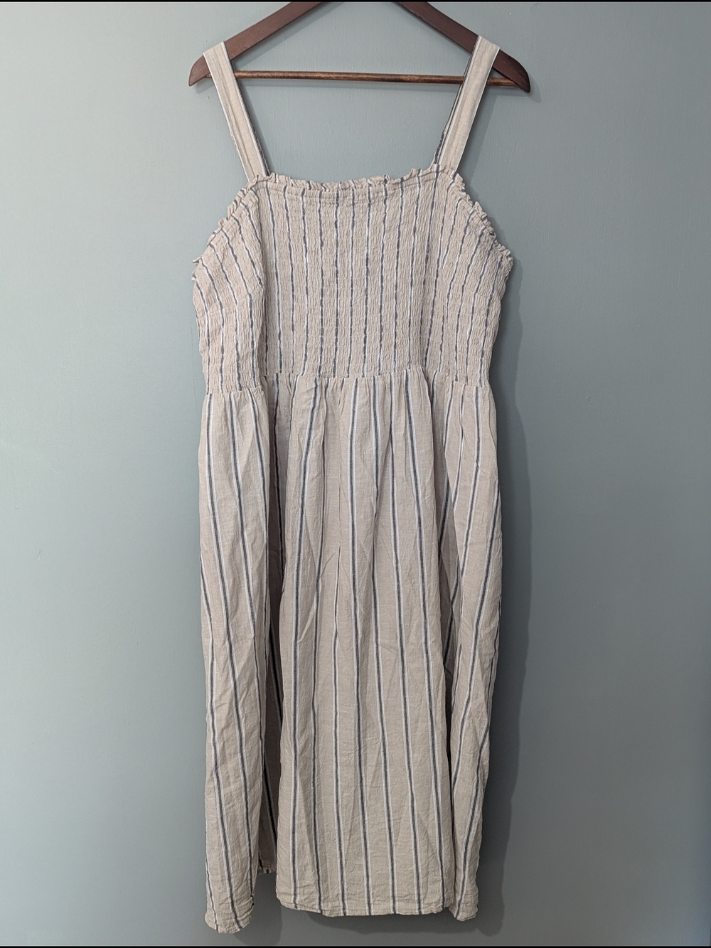 Penningtons Women's Linen Blend Striped Cream Blue Smocked Sundress Prairies